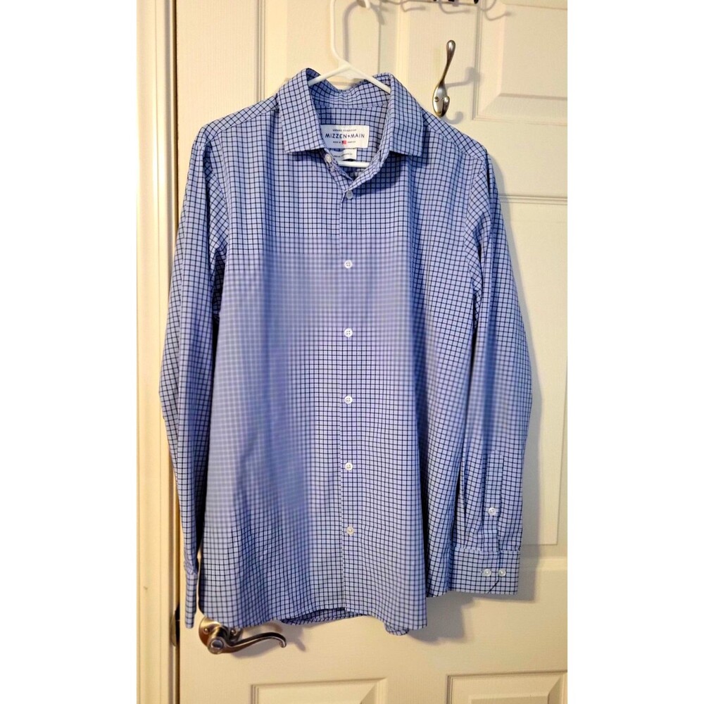 Mizzen+Main Leeward Shirt Mens Medium Standard Fit Blue Check Stretch CUT 20350